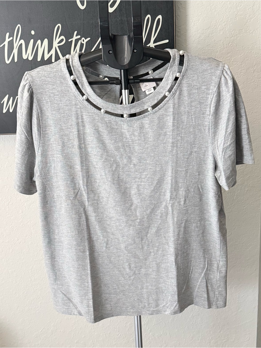 Postmark(Anthro) Gray Tee with Pearl Beaded Neckline